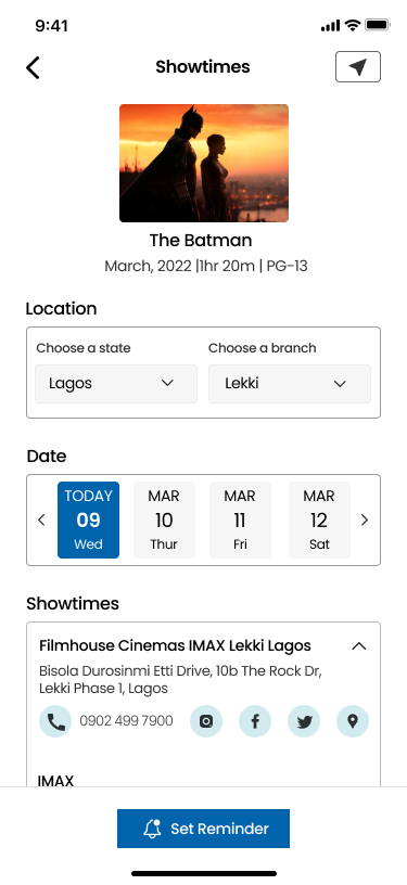 Showtimes screen with date tabs
